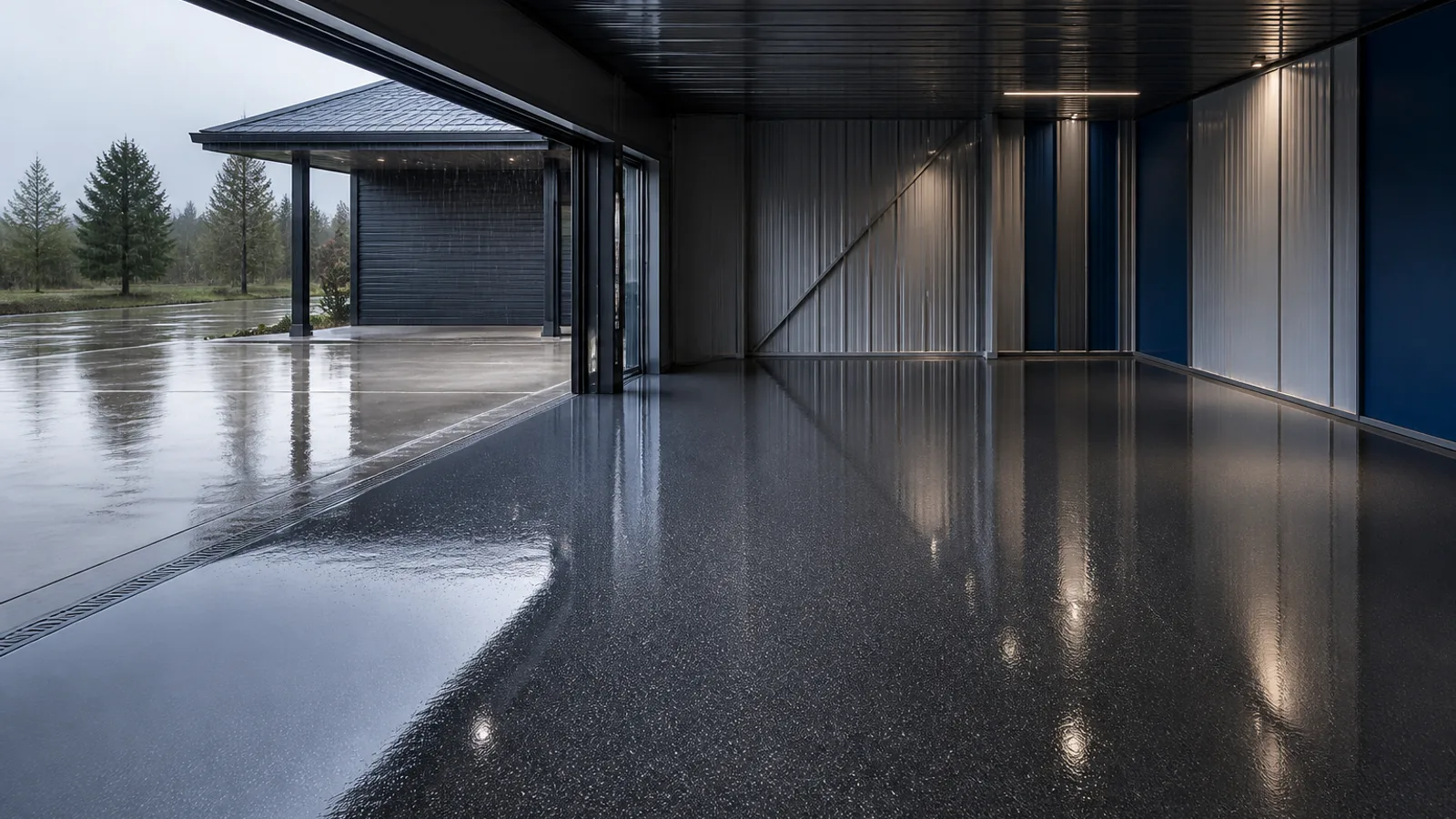 Winter rain falling on the driveway outside a garage doorway, with the newly coated charcoal epoxy floor lying empty and sheltered inside