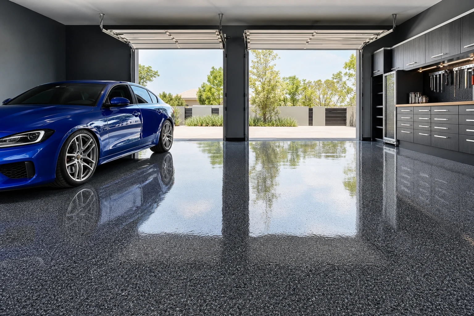Immaculate Cape Town double garage with a high-gloss charcoal flake epoxy floor and both doors open to daylight