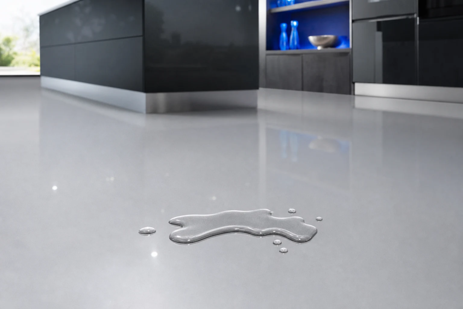 Liquid spill beading on the surface of a seamless glossy light-grey epoxy kitchen floor with no seams for it to seep into