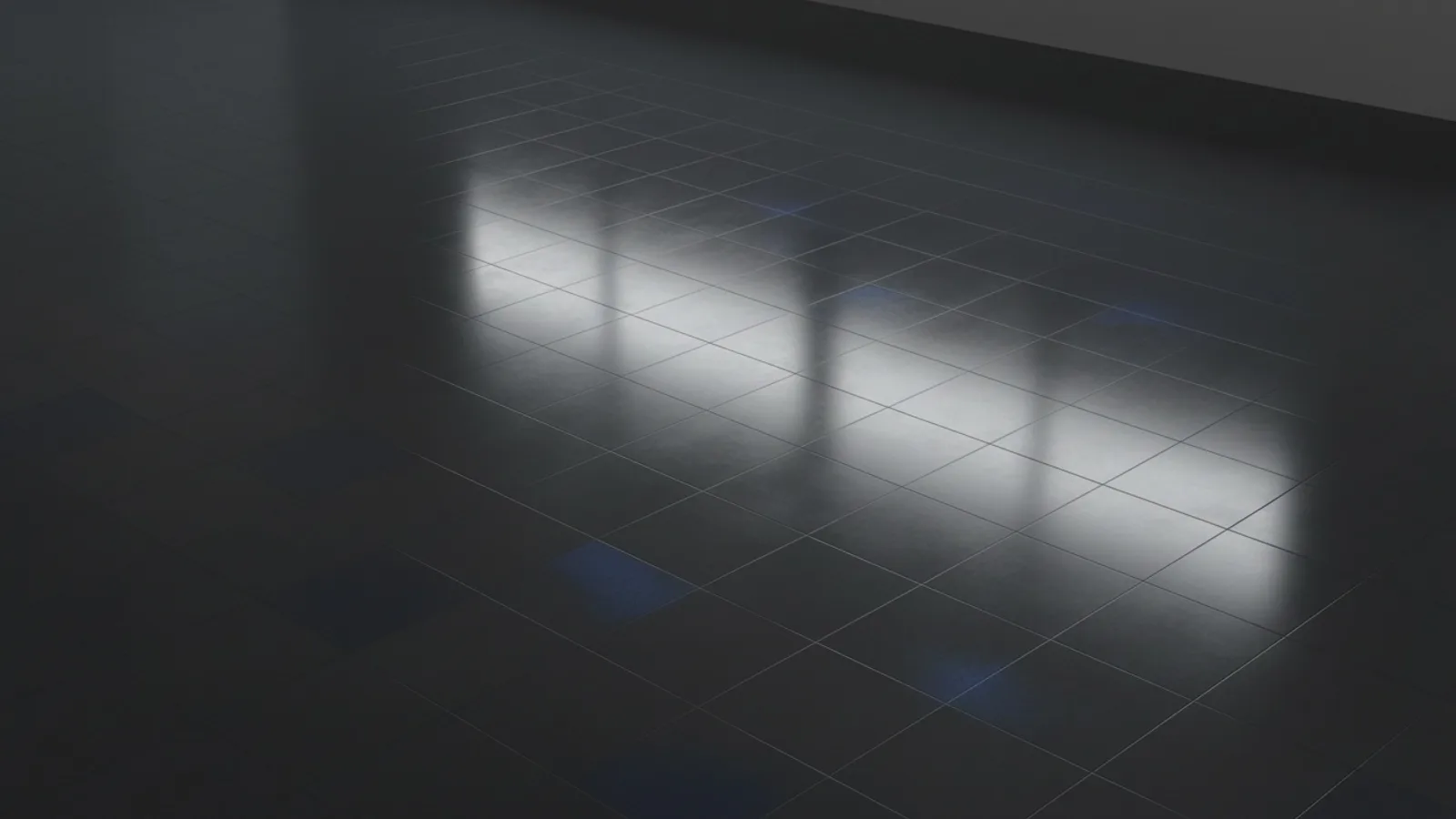 A glossy dark epoxy floor surface with a faint regular grid of grout lines showing through the coating from the tiles underneath, caught in raking light