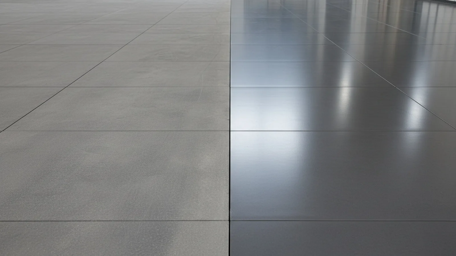A tiled floor mid-preparation with half the surface diamond ground to a dull, de-glazed matte profile and half still glossy and untouched, showing the contrast in surface texture