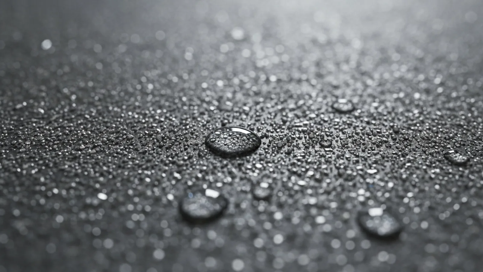 Close-up of a textured anti-slip epoxy floor surface with fine quartz aggregate in the top coat and water droplets beading on it