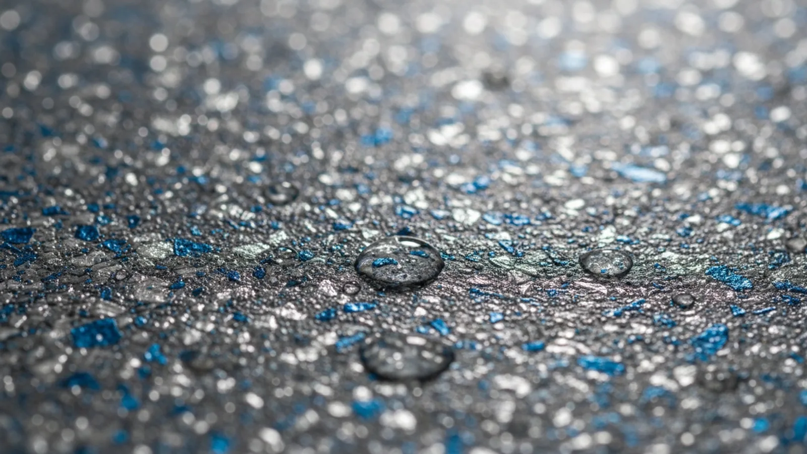 Extreme close-up of a charcoal and silver flake epoxy floor surface showing the raised chip texture and fine aggregate that provides grip underfoot